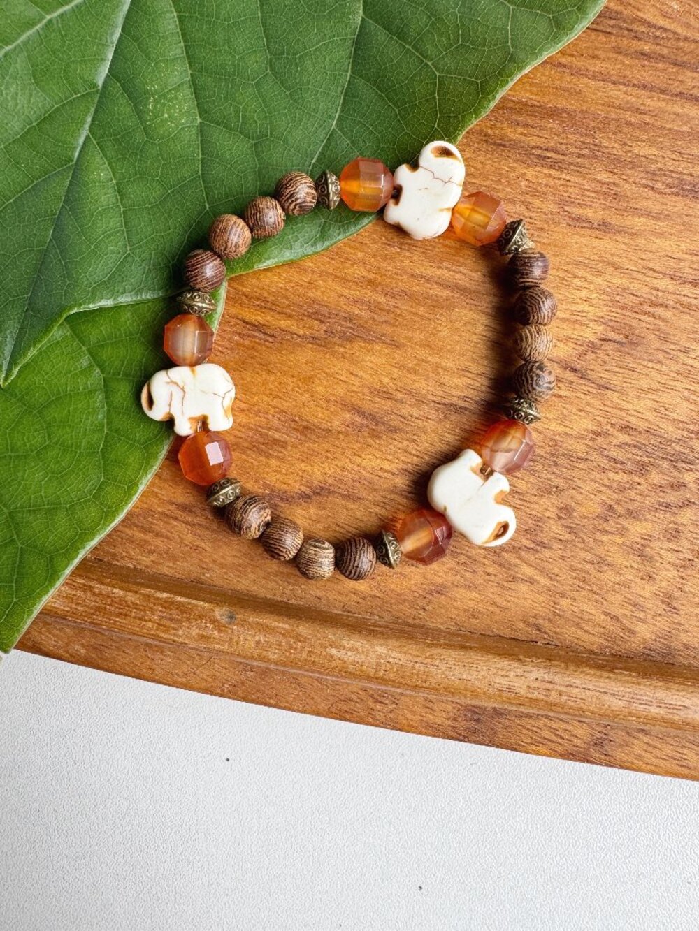 Woodgrain Bead Elephant Charm Bracelet